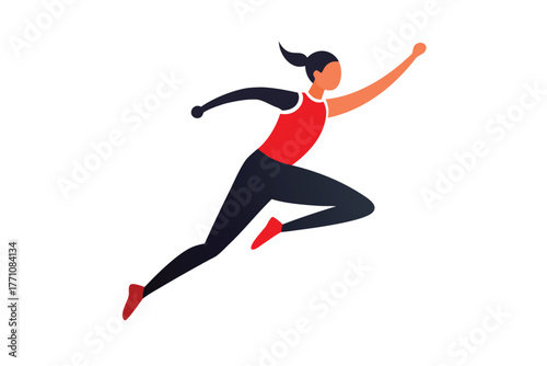 A determined woman in sportswear sprints forward, embodying speed and athleticism