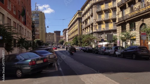 Traffic and People on Street Near Castel Nuovo in Naples, Italy - Summer Urban Scene