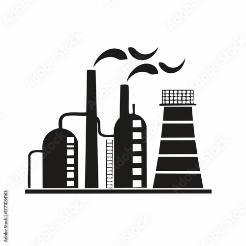 Stylized black vector silhouette of a manufacturing factory with smoke stacks and curved roof shapes, clean design, white background, editable for lo