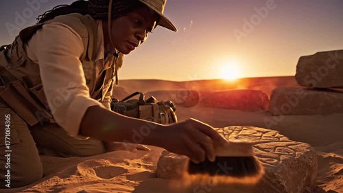 Archaeologist Carefully Brushing Sand from Ancient Stone Tablet at Sunset in Desert