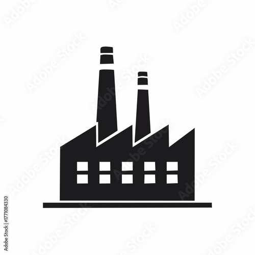 Stylized black vector silhouette of a factory building with tall chimneys and smooth clean lines, white background, editable for minimalist industrial logo design