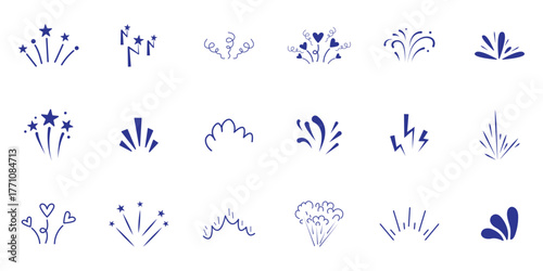 line sparkle vector set, comic style decorative lines, burst effects, and dynamic radial patterns. Hand drawn pop surprise line frame for title headline illustration. Doodle vector illustration. 
