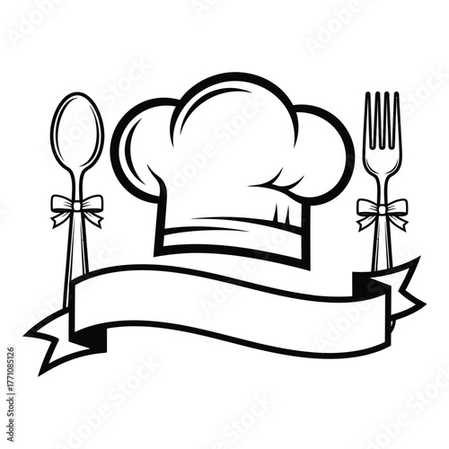 Chef hat with utensils and ribbon logo design