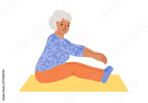 Elderly women doing yoga stretching. Older people funny lady women play sports cartoon vector. Gymnastic Pilates workout for granny. Elderly old senora fitness training exercises gymnastics yoga class