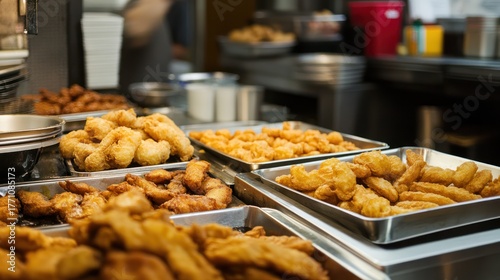 an alluring spread of golden-brown, freshly fried delights arranged meticulously in metal trays, beckoning with tempting aromas and textures