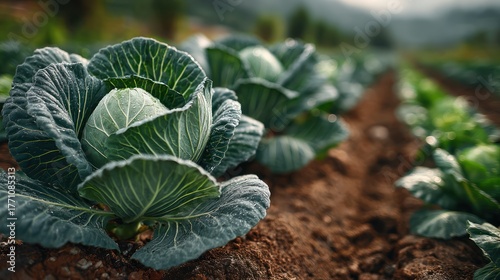 a peaceful cabbage patch under a soft sky presenting rows of thriving brassica oleracea heads in a carefully cultivated field landscape