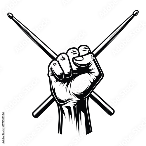 Clenched fist holding crossed drumsticks in black and white illustration