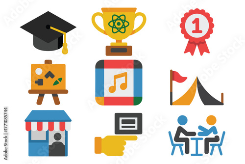 School event icons in flat design, vector set featuring graduation, science fair, sports day, art exhibition, education symbols, student activities, academic celebration, learning achievements