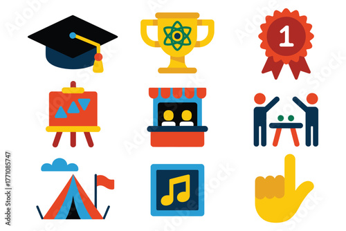 School event icons in flat design, vector set featuring graduation, science fair, sports day, art exhibition, education symbols, student activities, academic celebration, learning achievements