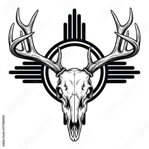 Native american deer skull with antlers and zia sun symbol design