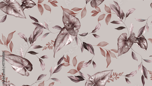 Botanical seamless pattern featuring watercolor-style deep reddish-brown Cala...