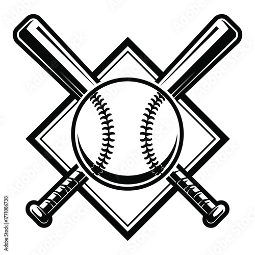 Crossed baseball bats and ball logo design in monochrome style