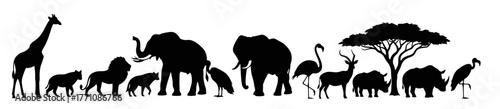Silhouette of African animals including giraffe, lion, elephant, flamingo, rhino, and tree.