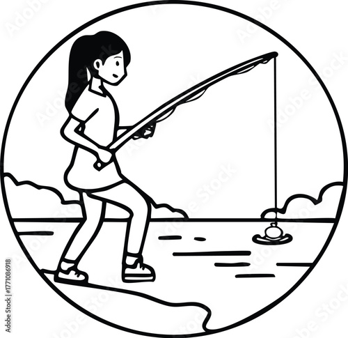 A charming black and white line art illustration of a young girl fishing, holding a rod with a bobber in the water, depicted in a simple circular icon style