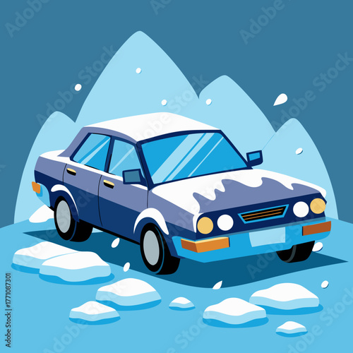 Car covered in snow with mountains in the background illustration