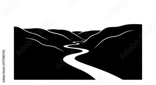 A black and white landscape illustration of a winding river through rolling hills and valleys in nature