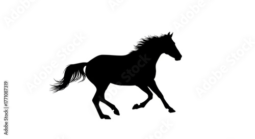 Silhouette of a running horse with flowing mane and tail on a white background in full stride pose
