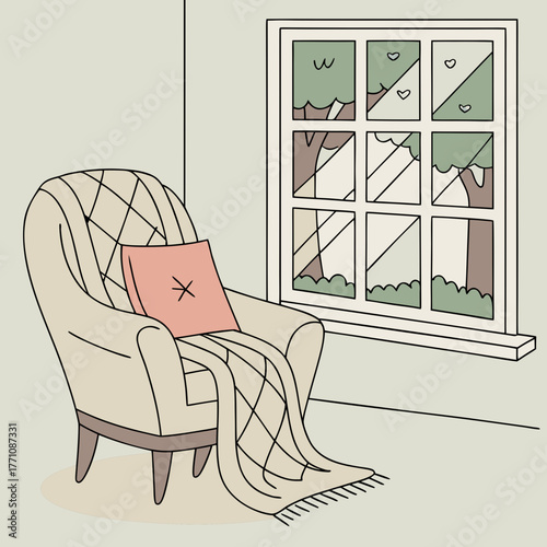 Comfortable armchair with pillow and blanket near window illustration