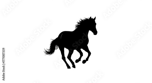 Silhouette of a running horse with flowing mane and tail against a white background image design