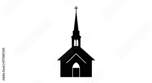 Silhouette of a simple church building with a tall steeple and cross on top against a white background