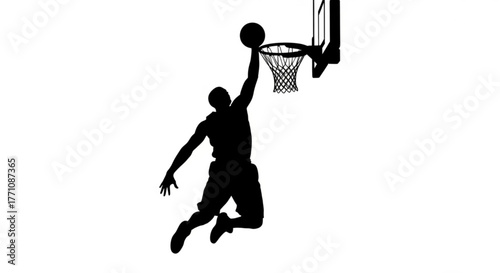 Silhouette of basketball player performing a slam dunk with basketball hoop and net on a white background