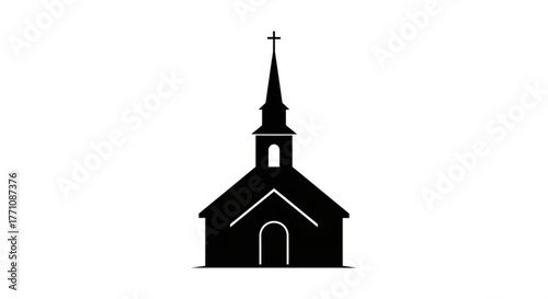 Illustration of a simple black church with a steeple and cross on top against a white background