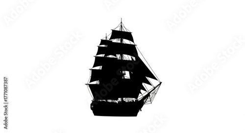 Silhouette of a tall ship with multiple sails and rigging against a white background in a side view