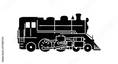 A detailed black silhouette of a vintage steam train engine on a white background image design
