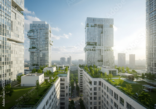 Modern residential complex with lush green rooftops and contemporary architecture under a bright sky