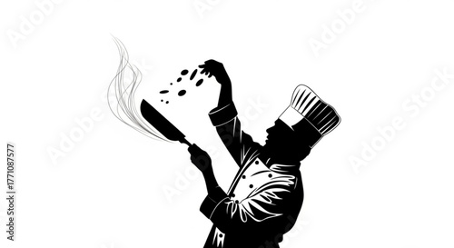 Silhouette of a chef tossing food in a pan with steam rising in a black and white illustration