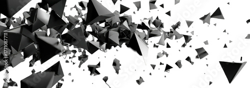 Chaotic array of sharp-edged, gray, geometric forms drifting on a black field, from dense cluster to sparse points