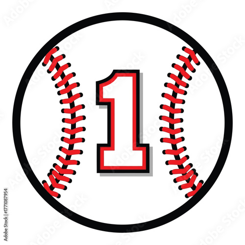 Baseball with red stitching and number one