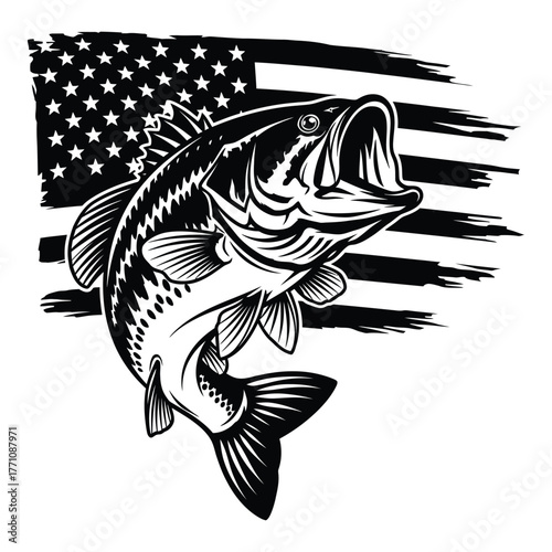 Black and white illustration of a leaping largemouth bass with american flag background