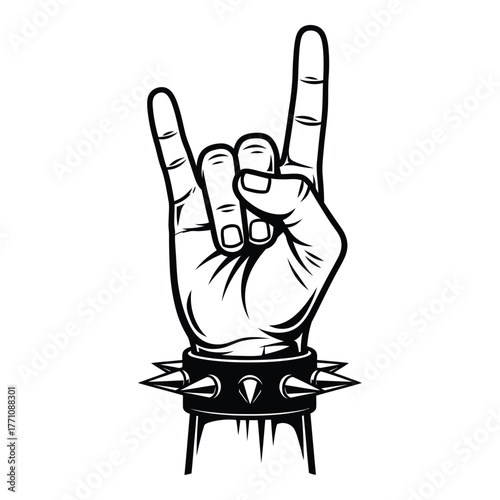 Rock hand gesture with spiked wristband, black and white illustration