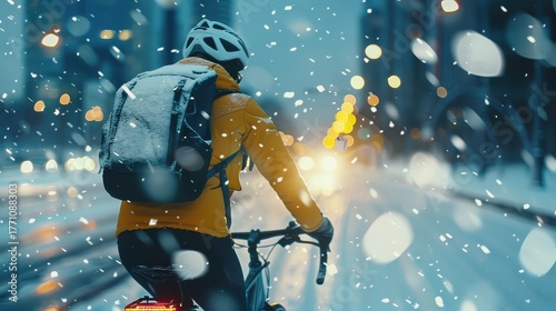 Urban cyclist braving heavy snowfall on a city street at night, illuminated by bokeh lights