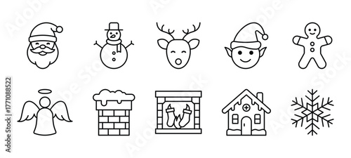 christmas holiday line icon set with santa snowman fireplace house and snowflake