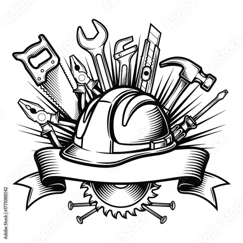 Vintage black and white illustration of construction tools and helmet