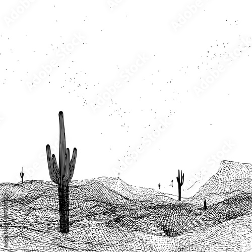 A monochrome illustration of a desert landscape with saguaro cacti and textured ground covers and hills