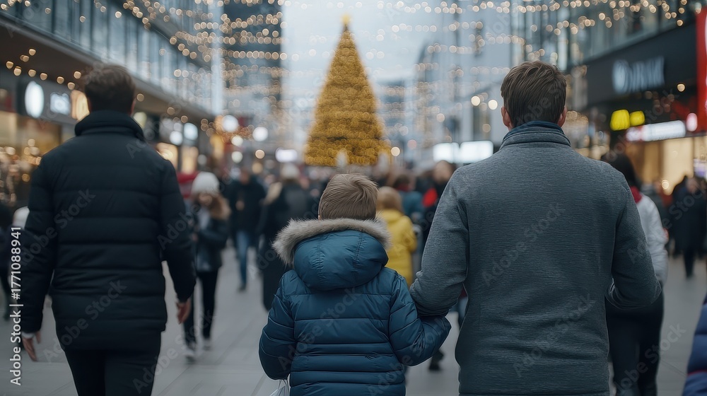 Fototapeta premium Family walking hand-in-hand in a festive city street with Christmas decorations and a large holiday tree