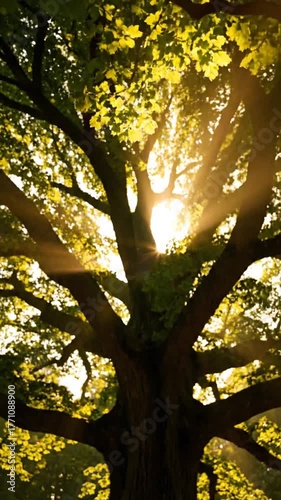 Sunlight piercing through tree branches creating dramatic light rays