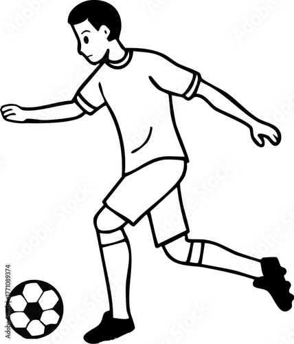 A simple black and white line art illustration of a young boy running and kicking a soccer ball, depicted in a dynamic action pose