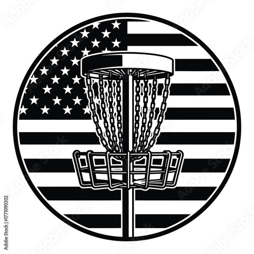 Disc golf basket with american flag design in black and white