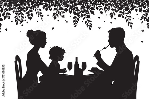 Elegant minimalist family eating dinner together silhouette in black and white.