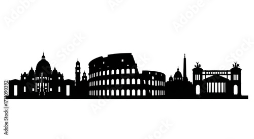 Silhouette of the rome skyline with colosseum and various buildings in a black and white illustration