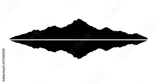 Black silhouette of mountain range reflected on a water surface with a horizon line view graphic
