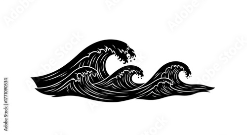 Illustration of stylized black waves with white background showing ocean elements design art concept