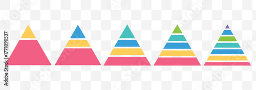 Levels of triangular pyramid. Triangle pyramid chart. Maslow layer diagram. Development level infographic. Business graph. Tree set of pyramid infographic icon.