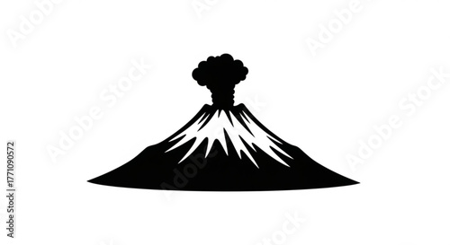 Illustration of a volcano erupting with smoke and lava in a simple black and white graphic style