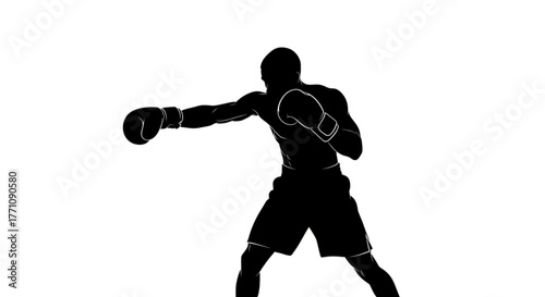 Silhouette of a boxer in action throwing a punch with boxing gloves on a white background in a fighting stance