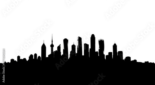 Silhouette of a city skyline with various tall buildings and structures against a white background view image